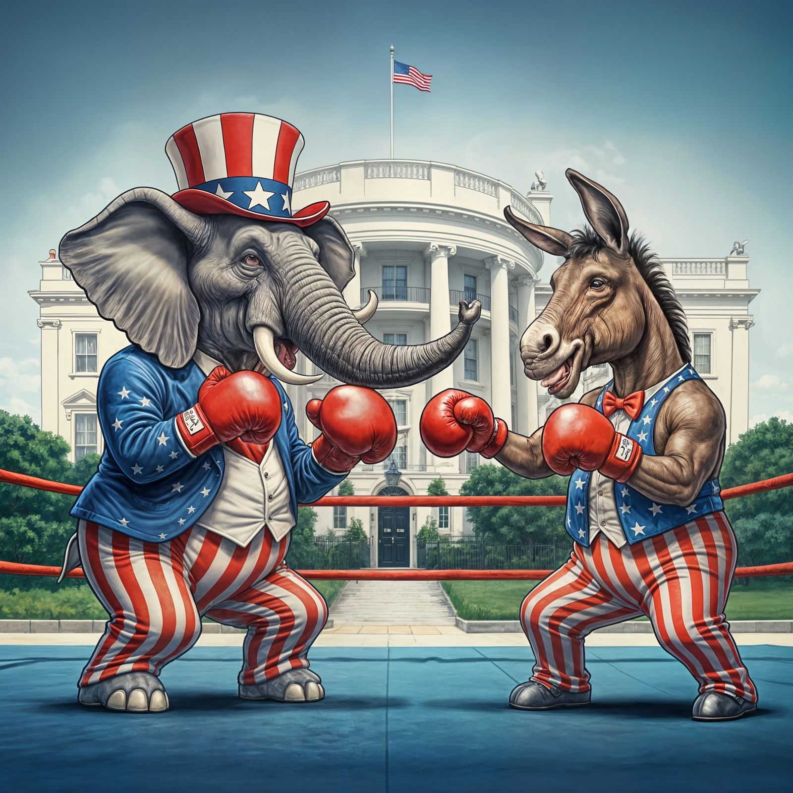 Elephant and Donkey Boxing Caricature at White House