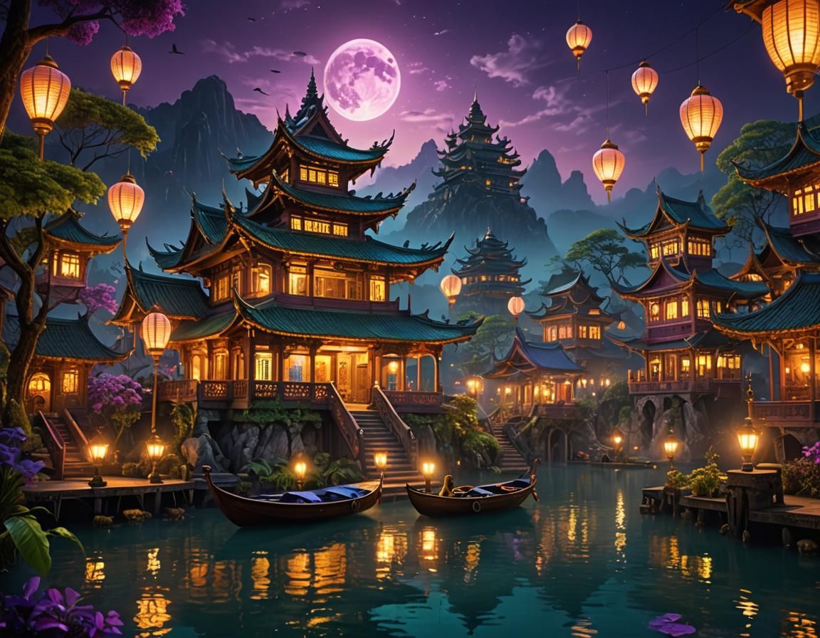 Lakeside Houses and Speedboat at Night