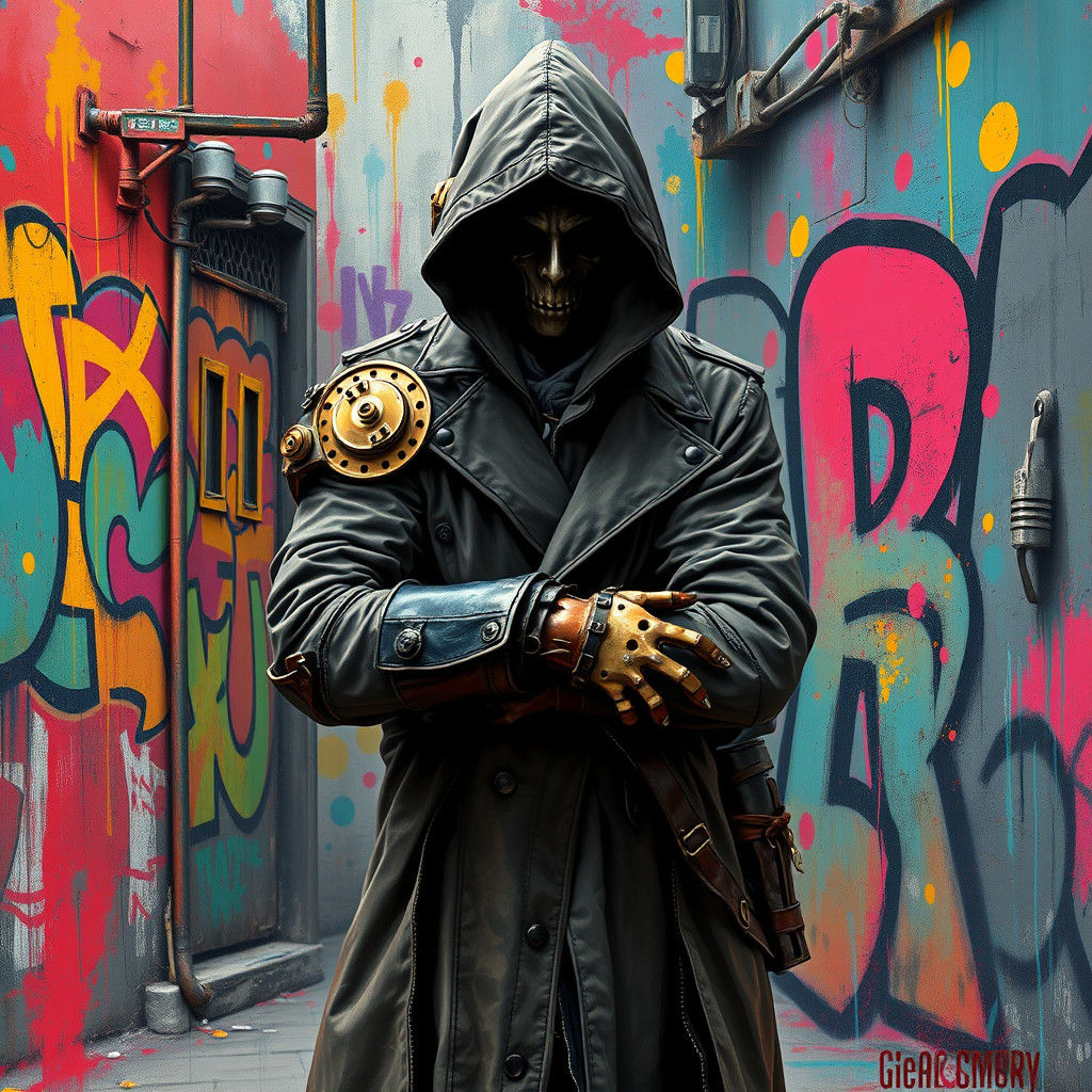 Steampunk Figure in Urban Graffiti Landscape