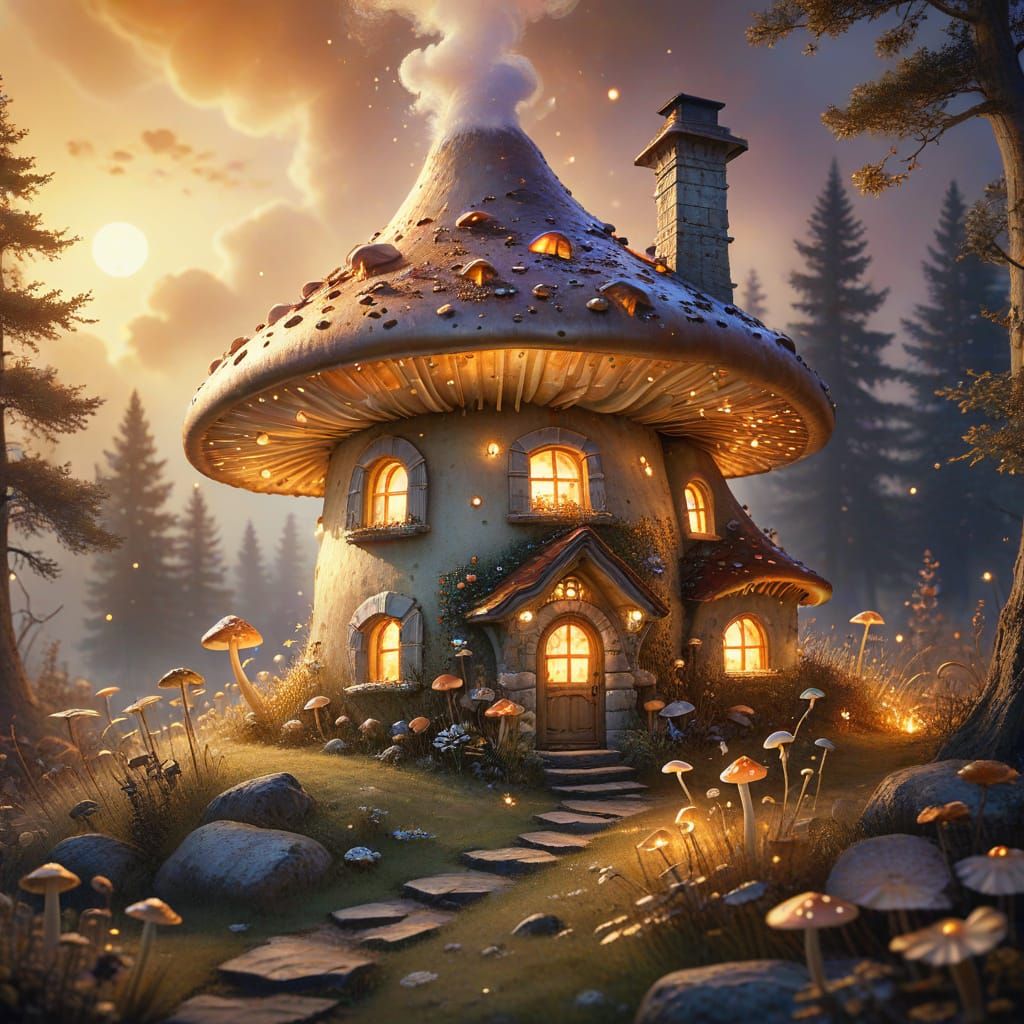 Whimsical Mushroom Home in Watercolor Style