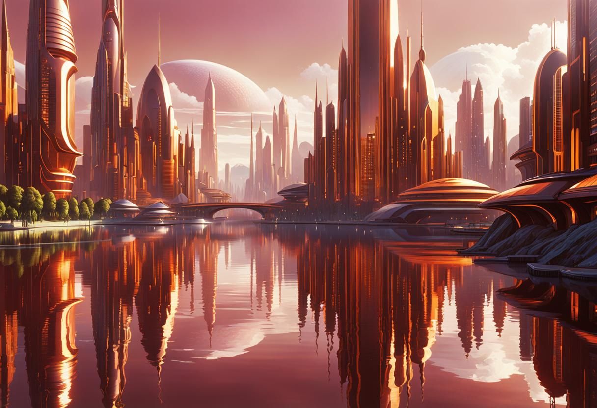 Futuristic City Reflected in Lake: Hyperdetailed Illustratio...
