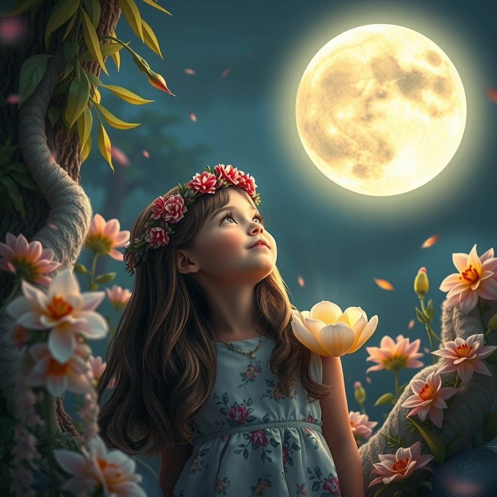 Girl Gazing at Moon in Fantasy Landscape
