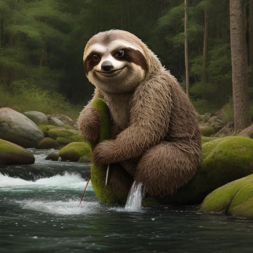 Anthropomorphic Sloth Fly Fishing Adventure