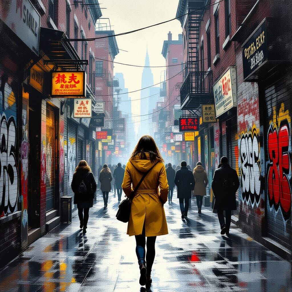 Woman in Yellow Coat in Gritty Urban Neighborhood