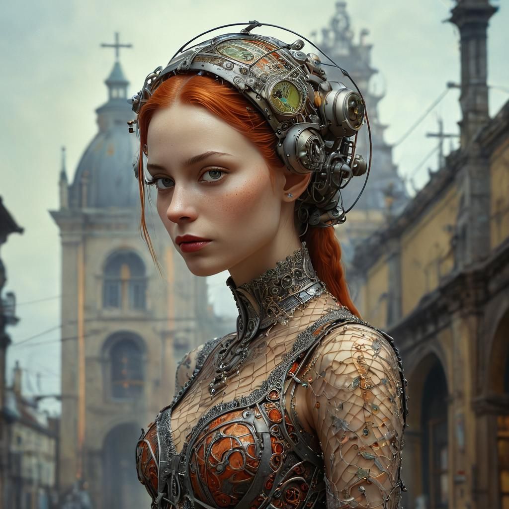 Android Woman Portrait in Dystopian Biopunk Factory