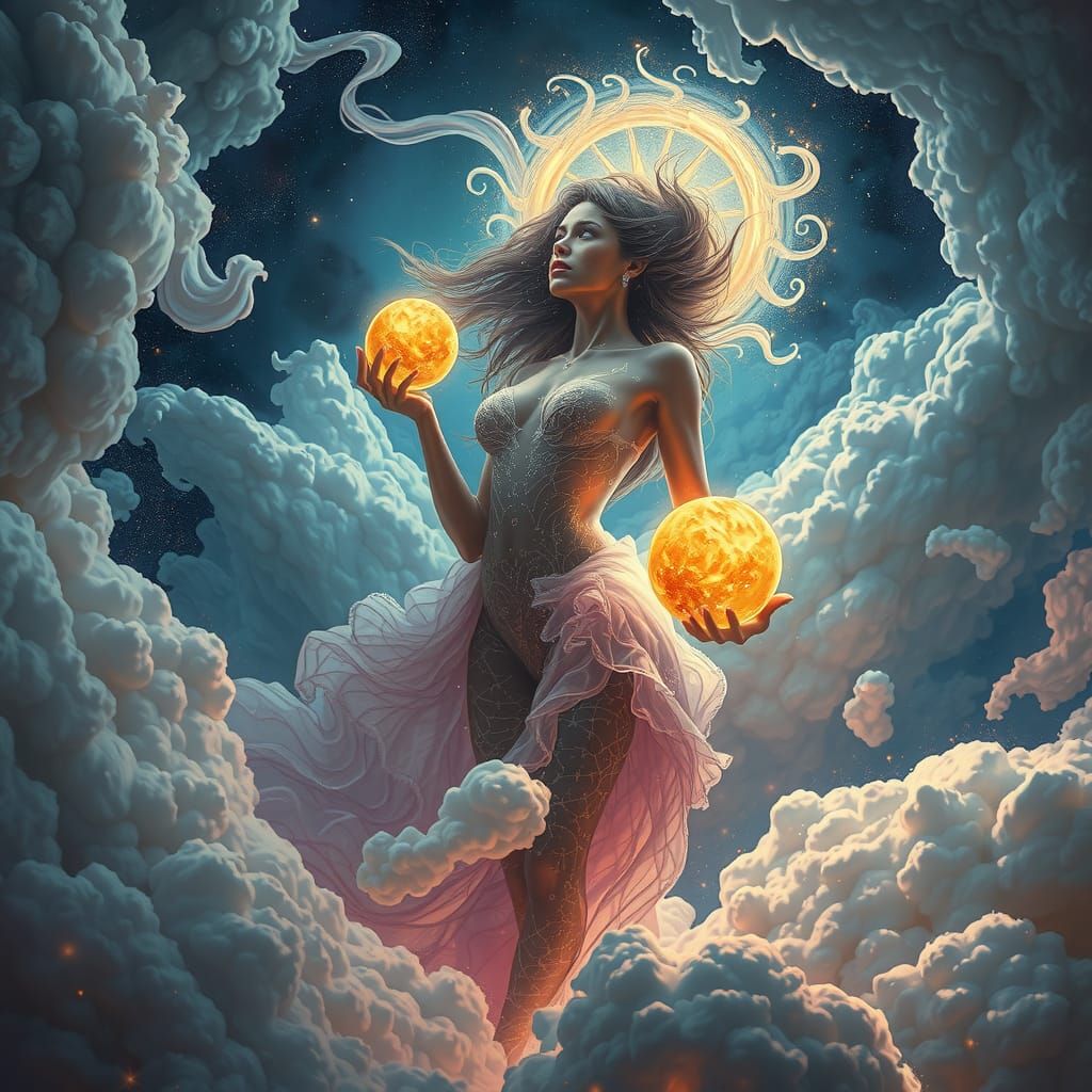 Ethereal Woman Balances Celestial Orbs in Astral Plane