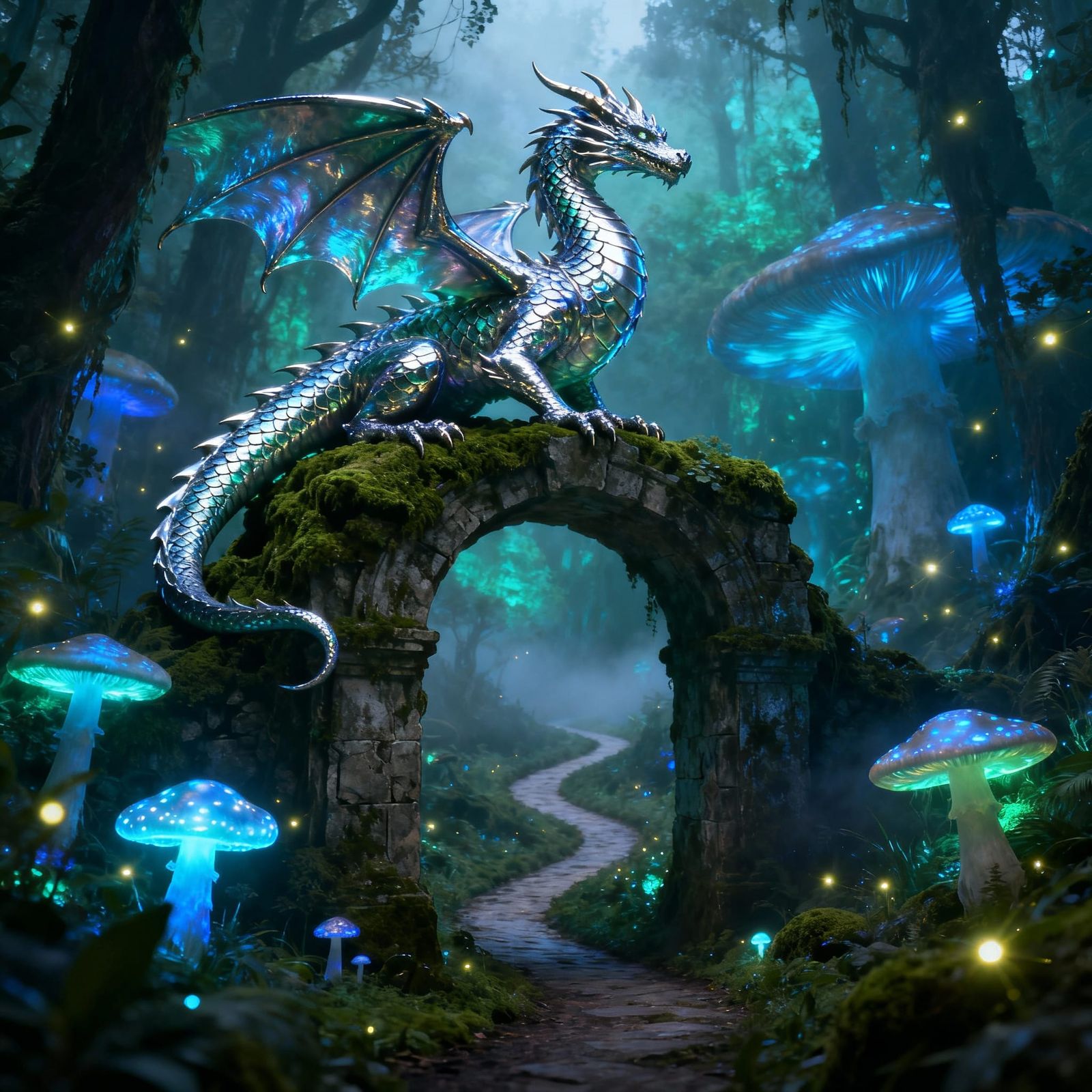 Majestic Chrome Dragon on Ancient Archway in Bioluminescent ...