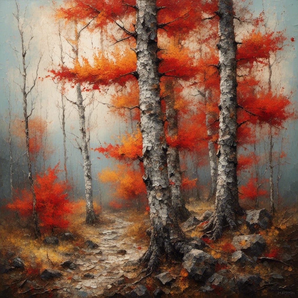 Crimson Maples on Ogura Slopes: Oil Painting with Craquelure