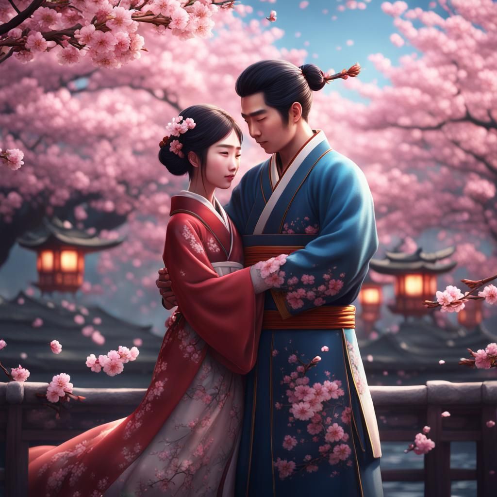 Chinese Couple Embrace Under Cherry Blossoms
