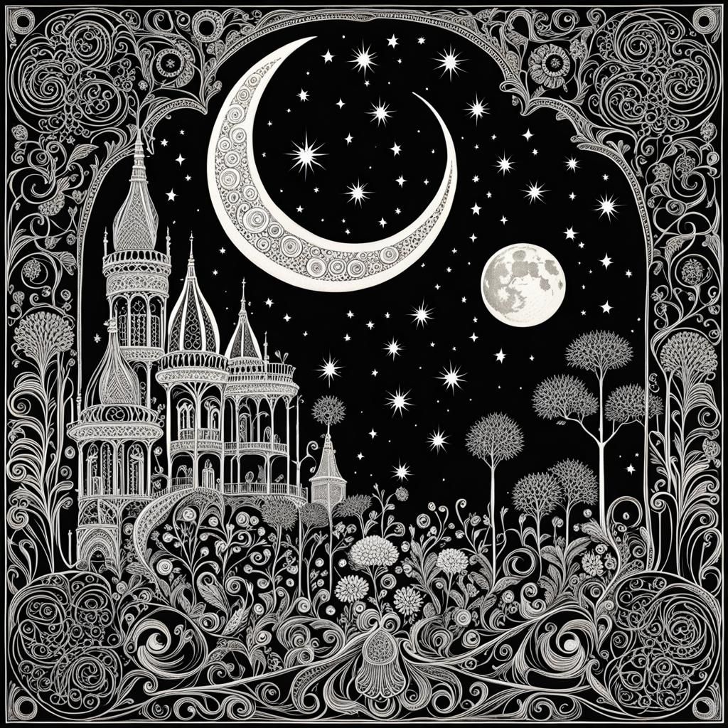 Intricate Garden Bathed in Moonlight