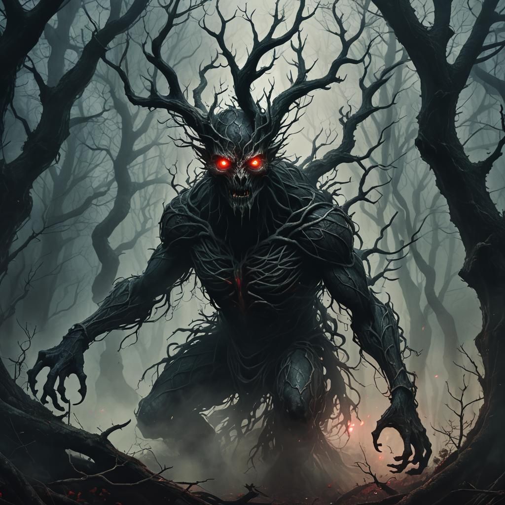 Dark Fantasy Creature Emerges from Misty Forest