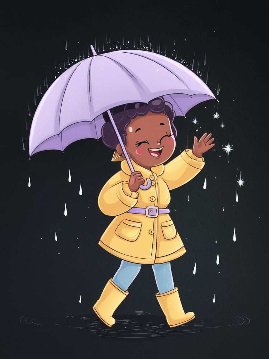 Happy Woman Walking in Rain with Purple Umbrella