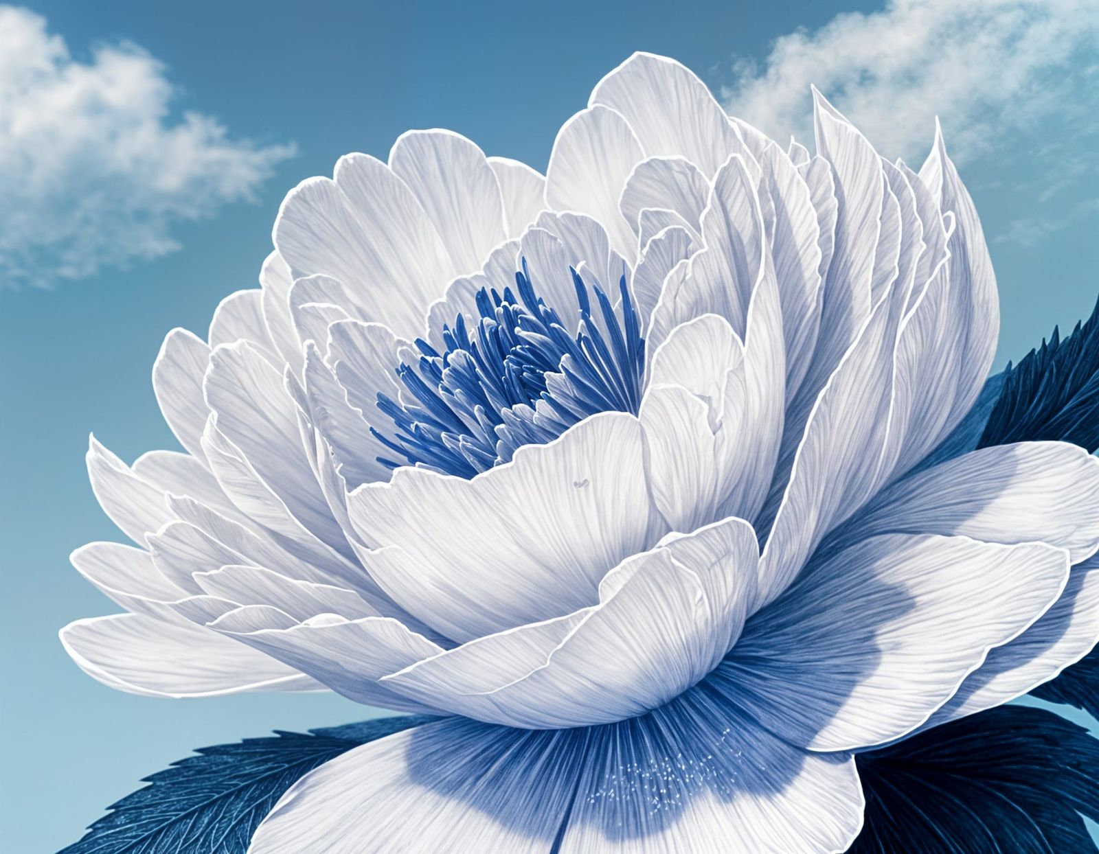 Peony Flower in Full Bloom: Line Engraving