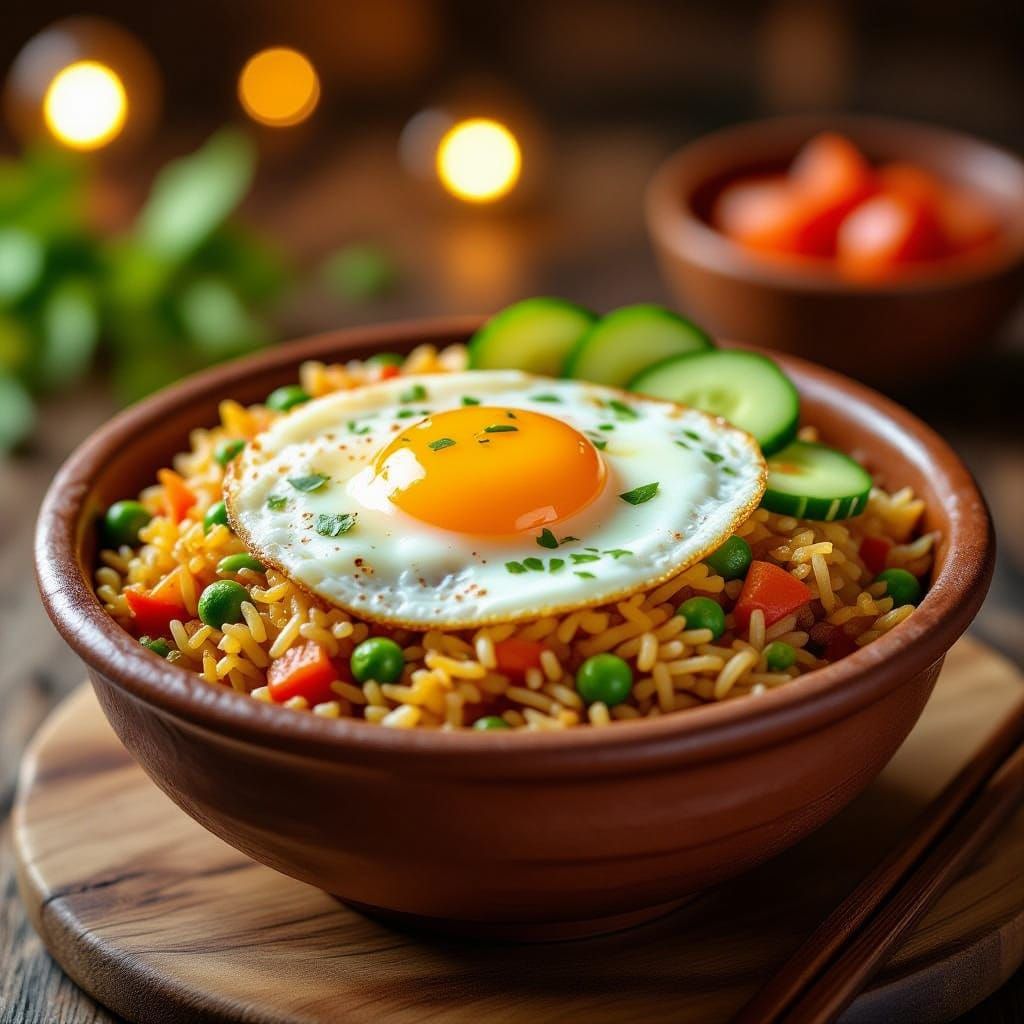 Indonesian Fried Rice in Clay Bowl with Egg and Cucumber