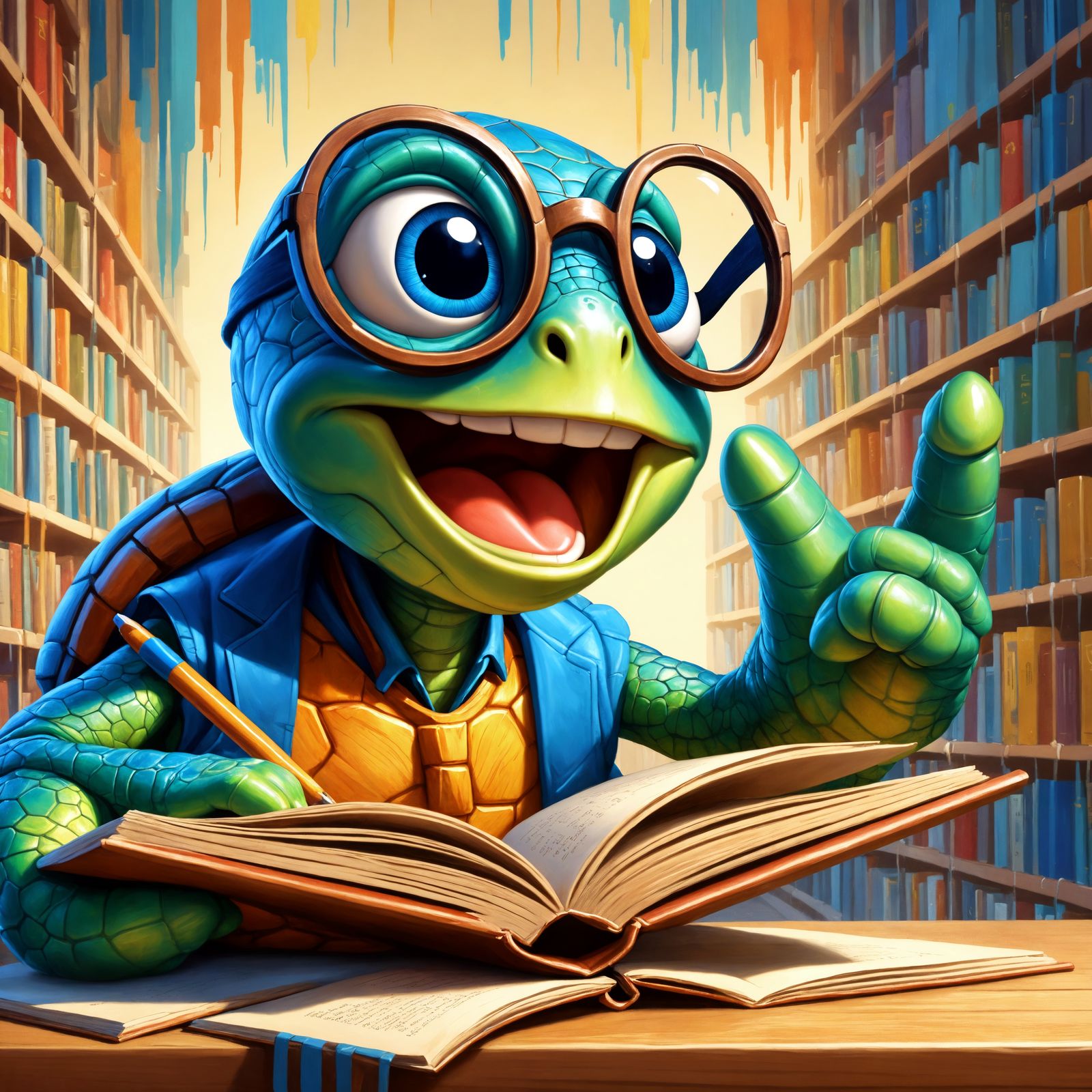 Joyful Nerdy Turtle Reads in Library, Oil Painting Style