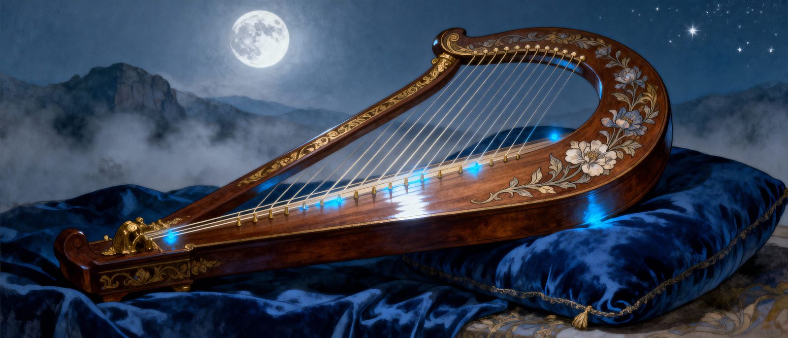 Ancient Harp on Velvet Cushion in Moonlit Glow