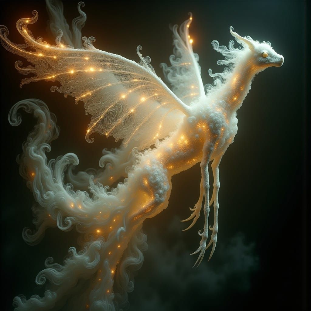 Glowing Creature with Iridescent Wings in Gothic Lace