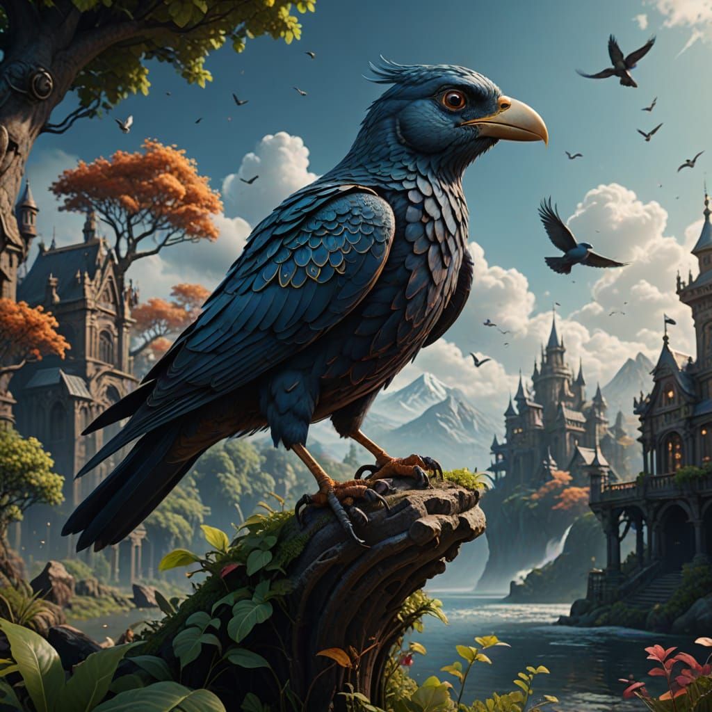 Fantastical Bird in Flight, in a Detailed Matte Painting