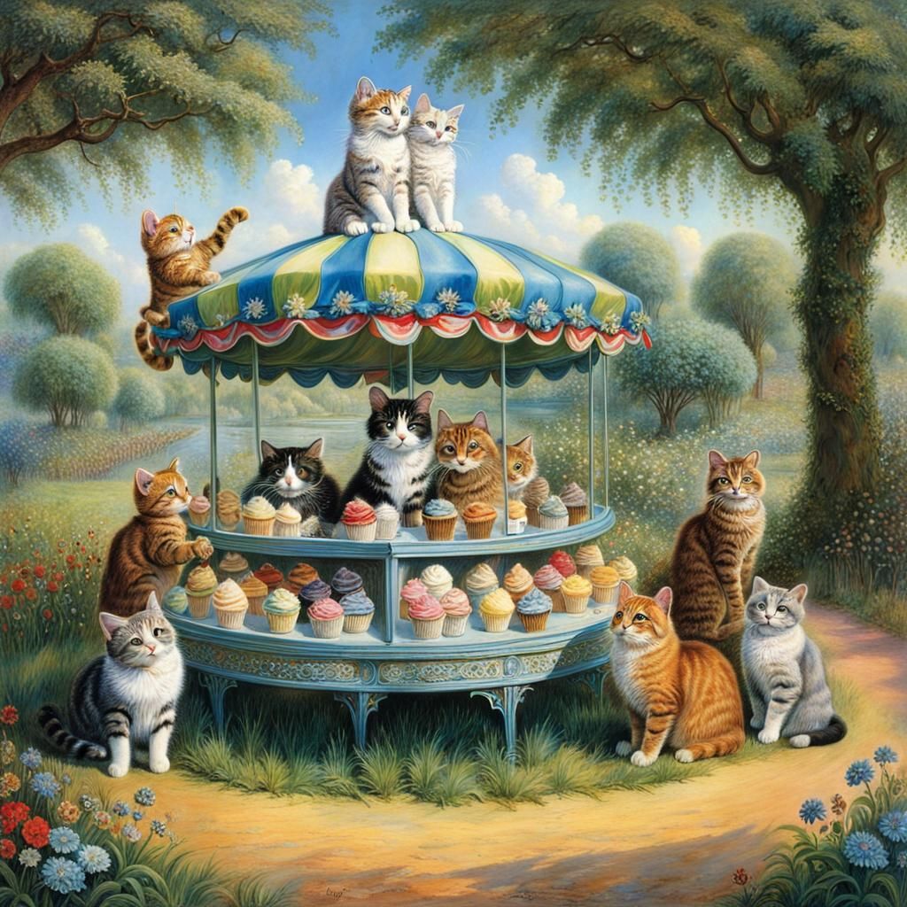 Festive Cat Party in Park, Storybook Illustration