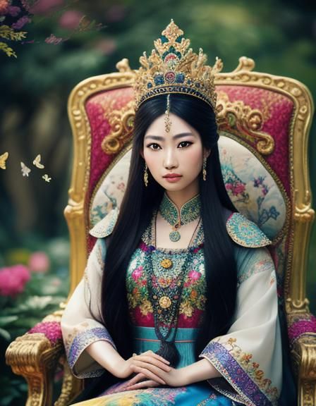 Oriental Woman on Throne with Birds, Hyperrealistic Photogra...