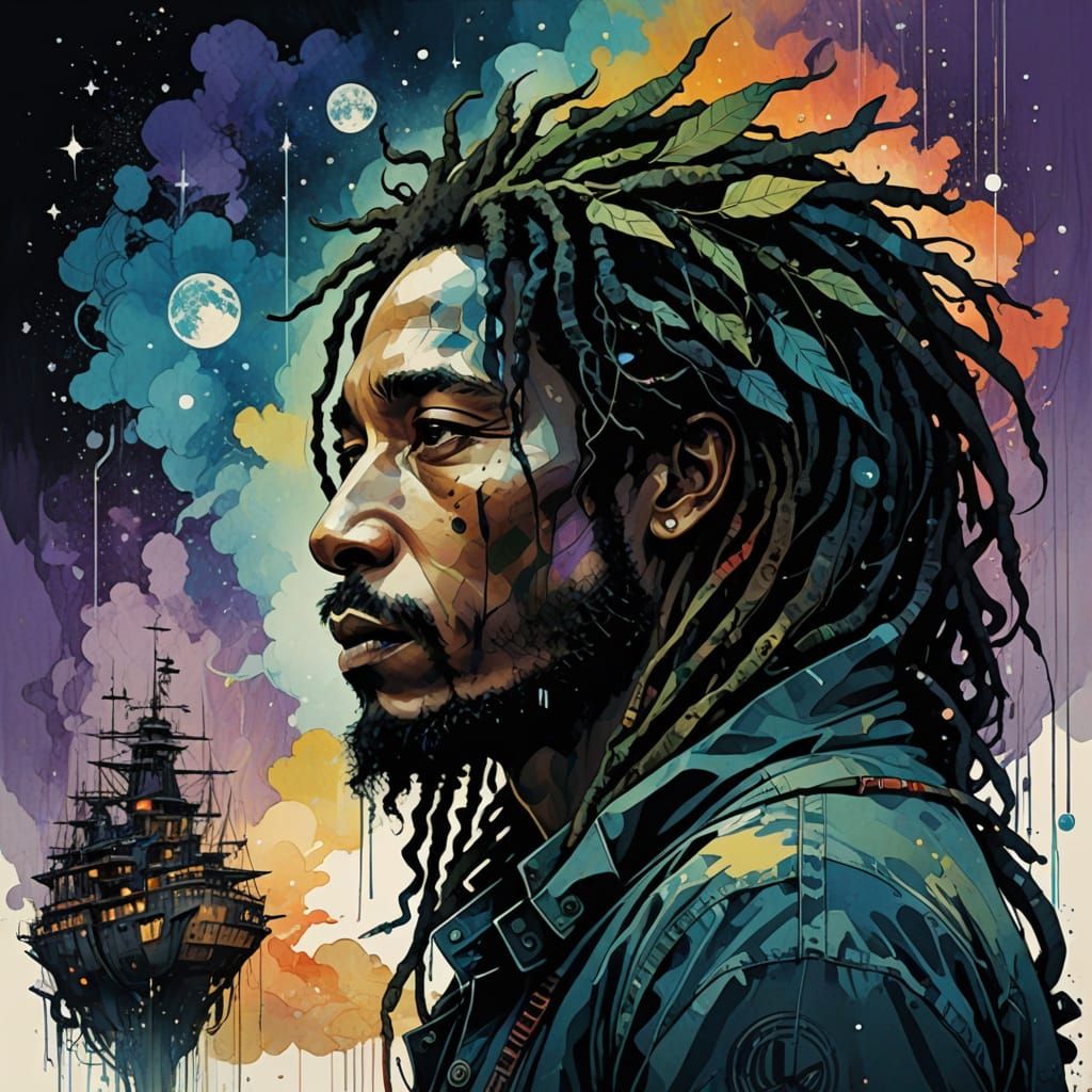 Rasta God with Vibrant Galaxy and Lion's Head