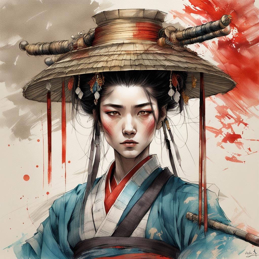Female Samurai Portrait: Fine Color Sketch