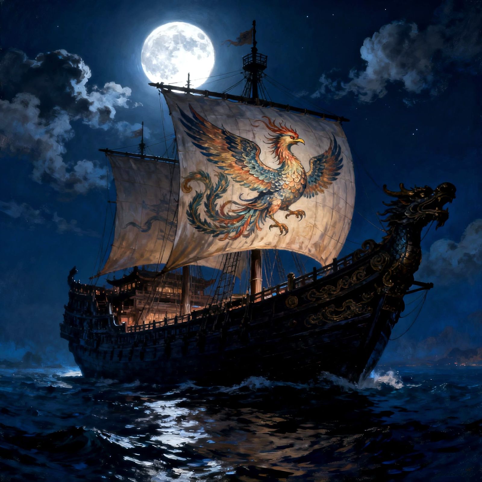 Ancient Chinese Warship with Phoenix Sails