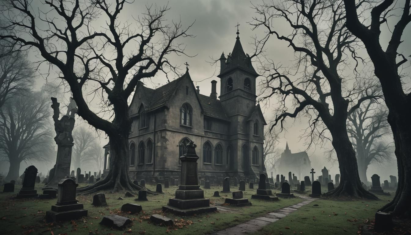 Eerie Gothic Landscape with Ghostly Figures