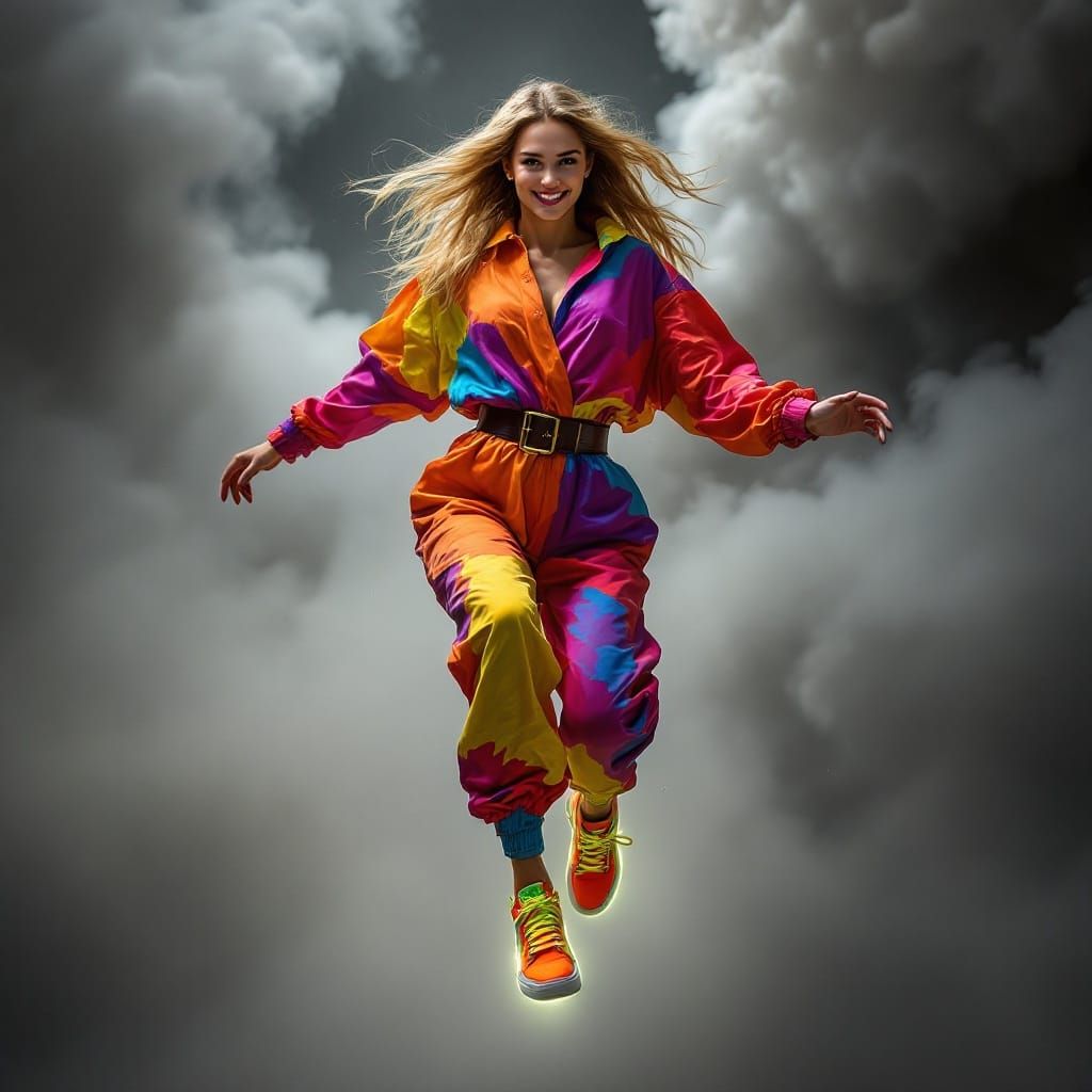 Sleek, Colorful Woman Leaps Forward in Vibrant Street Art St...