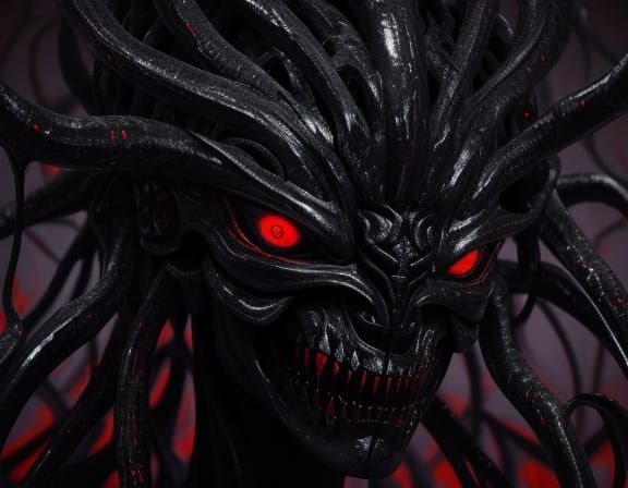 Obsidian Demon Doll in Void, Surreal Horror Art