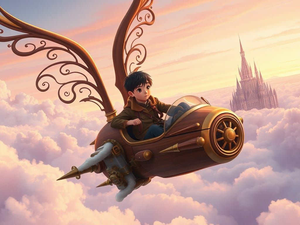 Confident Youth Soars Above Evening Clouds in Elegant Flying...