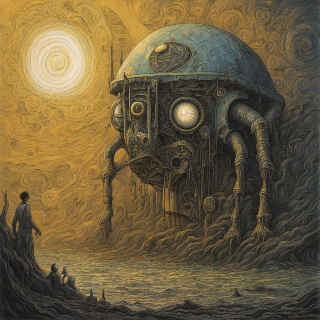 Mechanical Starry Night Robot in a Dreamlike Landscape