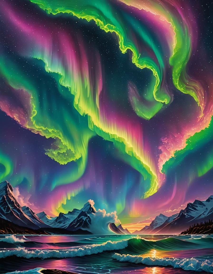 Ocean Waves Shimmering Under Aurora Borealis