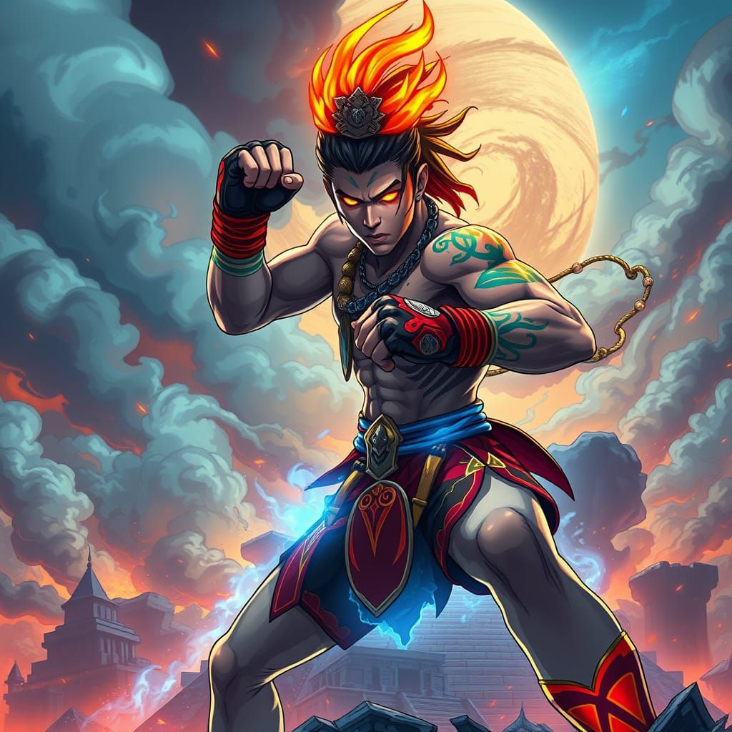Muay Thai Warrior on Ziggurat in Anime Style