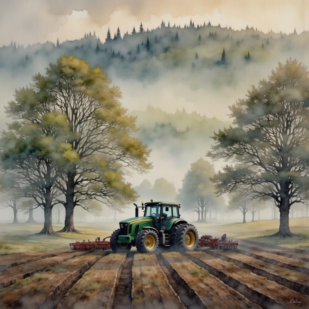Foggy Morning Tractor in Watercolor Field