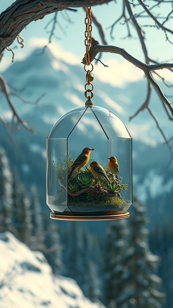 Futuristic Birdhouse Terrarium in Snowy Landscape