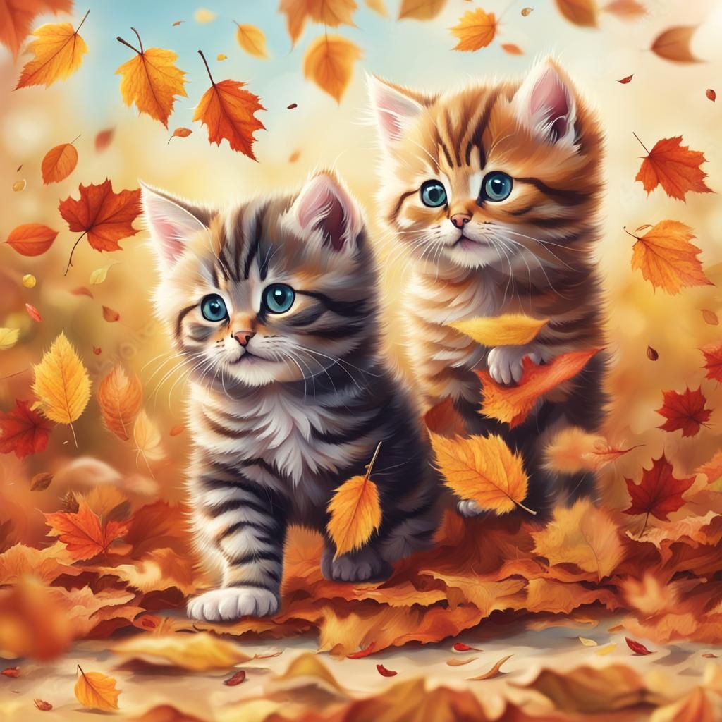 Playful Kittens Jumping in Autumn Leaves