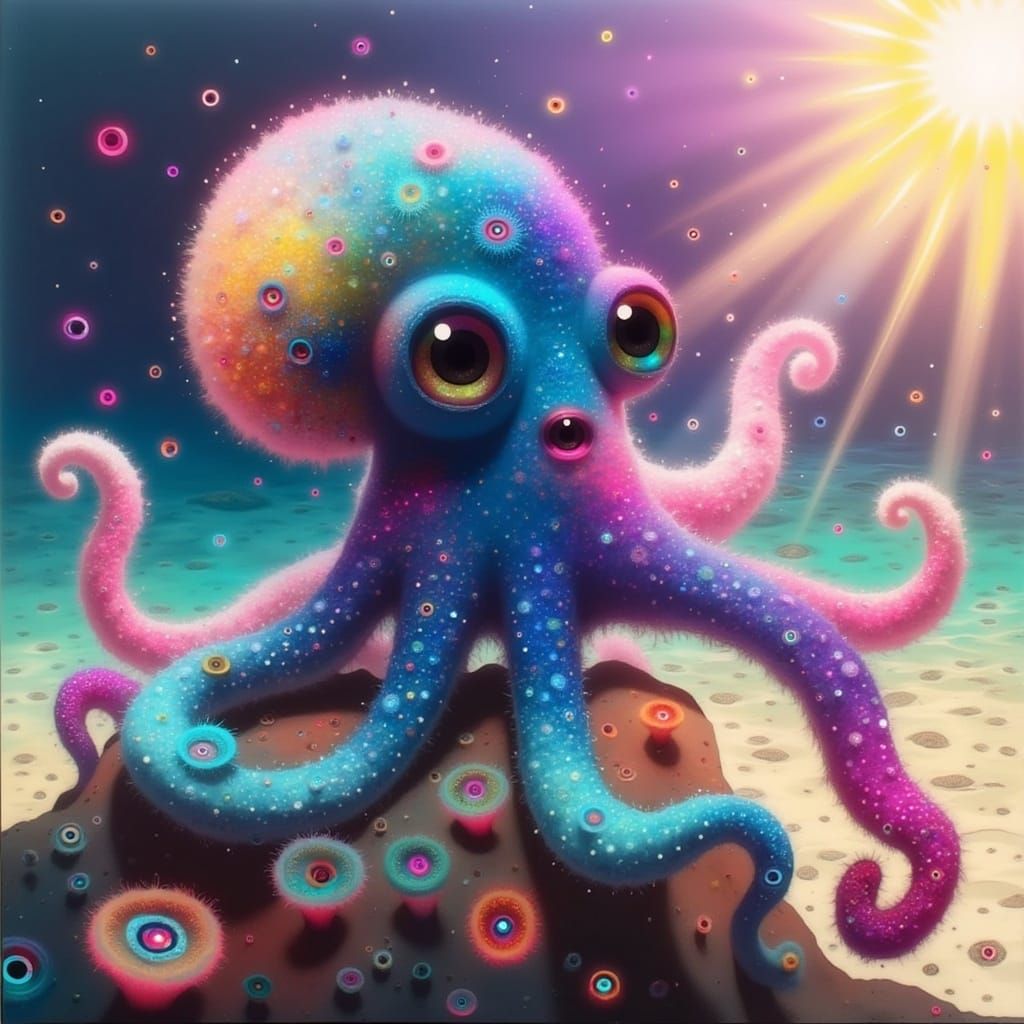 Whimsical Underwater Scene of a Curious Baby Octopus Reachin...