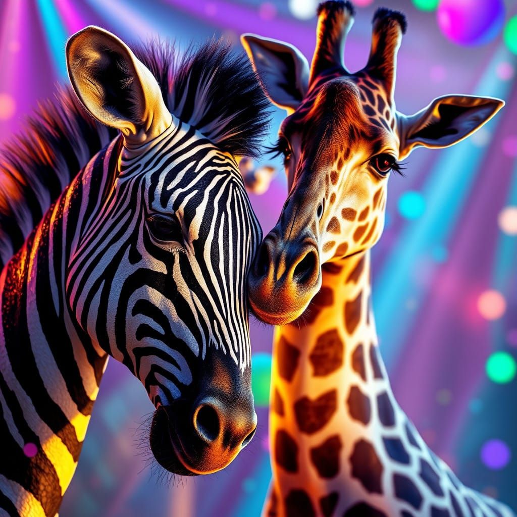 Zebra and Giraffe Dancing in Vibrant Disco Scene