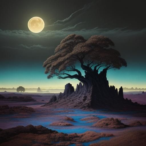Surreal Moon Over Barren Landscape in Dali Style