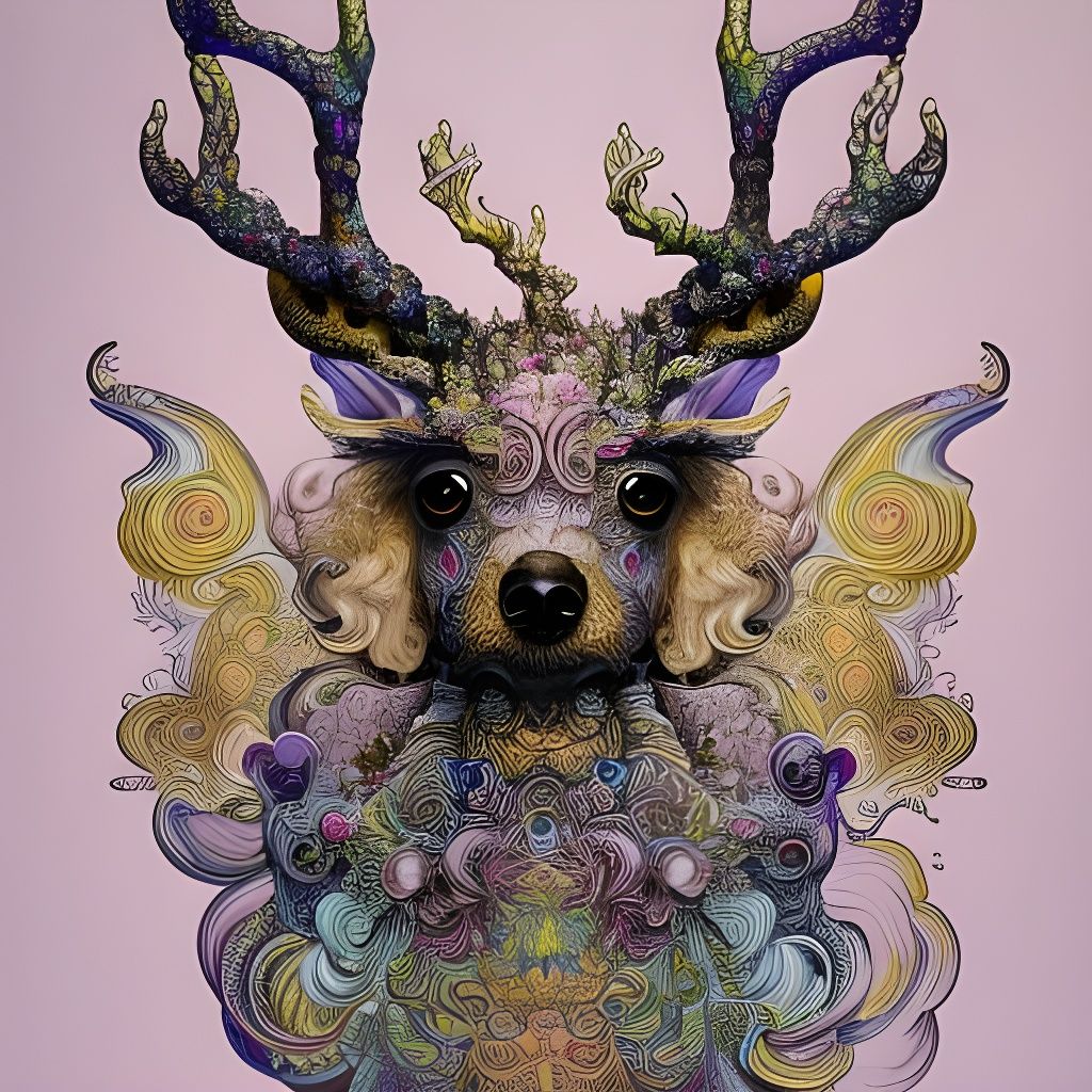 Prismatic Poodle-Deer Ink Illustration in Hypervivid Detail