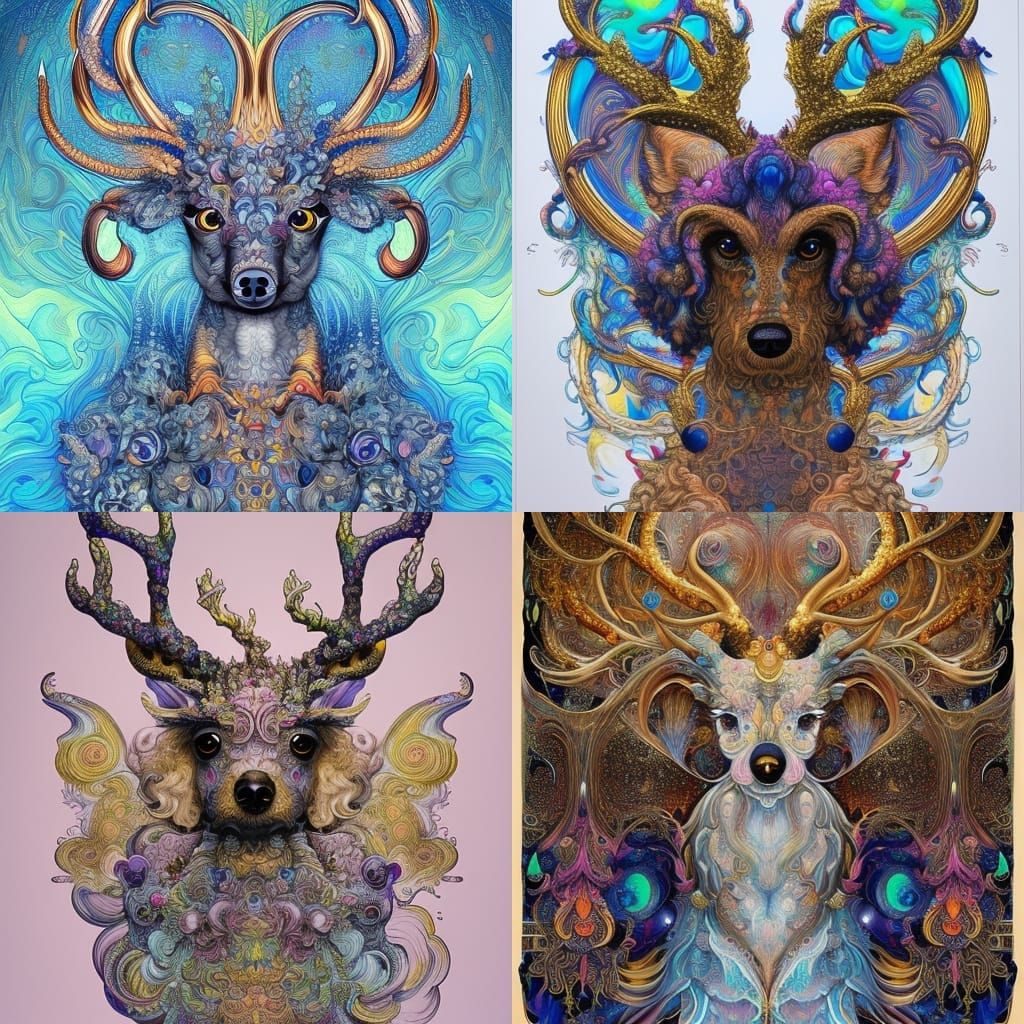 Poodle-Deer Hybrid in Elaborate Ink Illustration