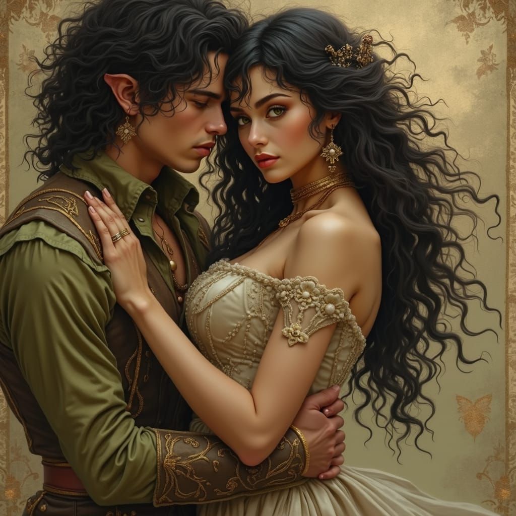 Elven Man Cradling Woman: Mystical Realism