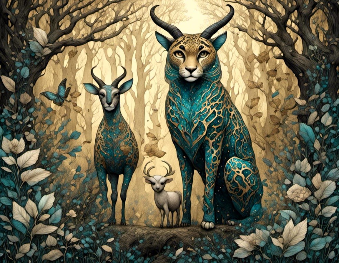 Jaguar, Goat, and Owl in Forest: Ink Drawing