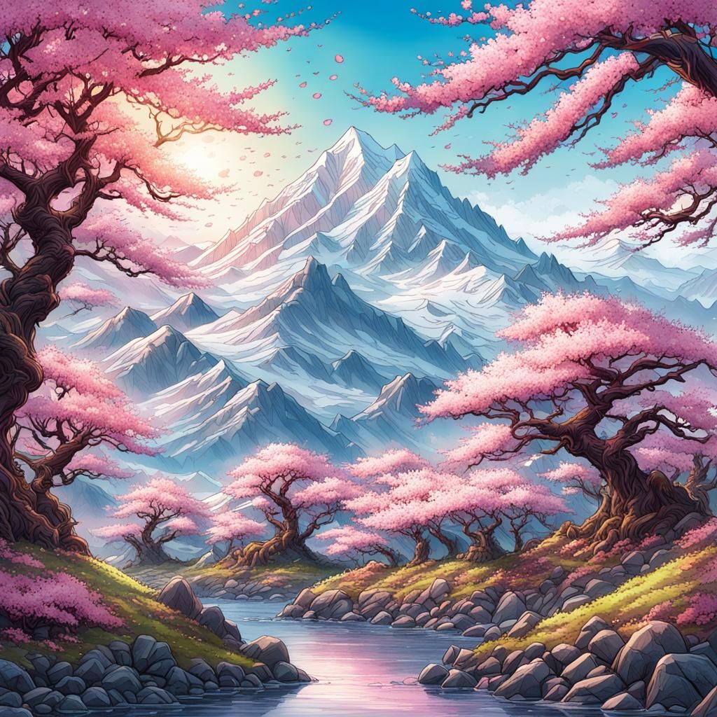 Cherry Blossom Grove in Spring, Watercolor Comic Art