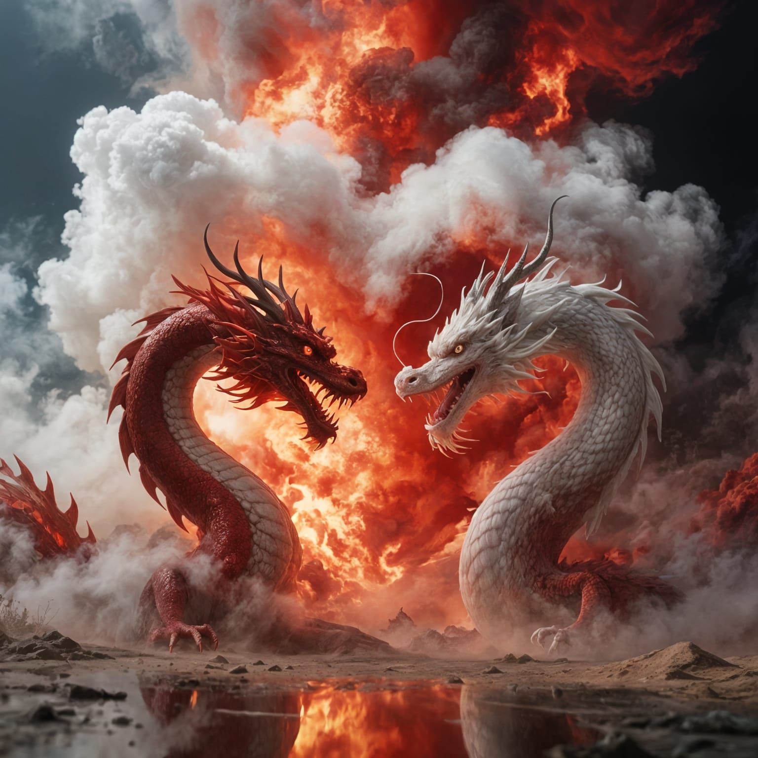 Red and White Smoke Dragons Forming a Heart