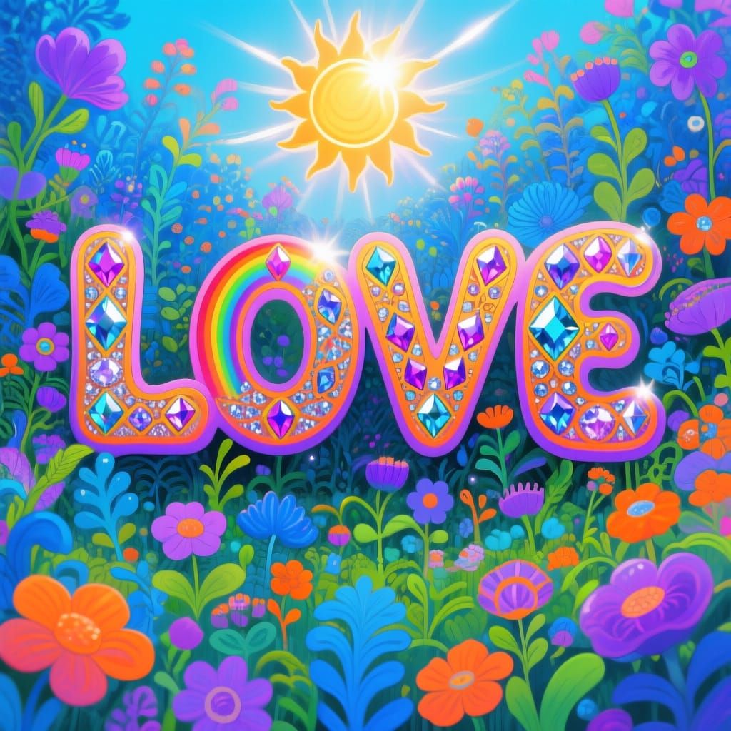 Psychedelic Garden Illustration With Rainbow LOVE Letters
