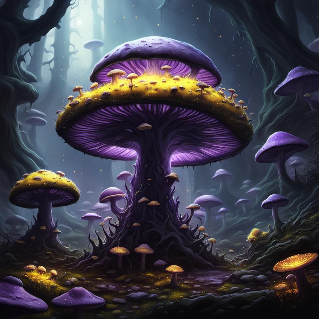 Alien in Mushroom UFO: Dark Fantasy Concept Art