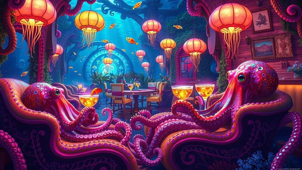 Surreal Underwater Tavern in Whimsical Cyberpunk Style