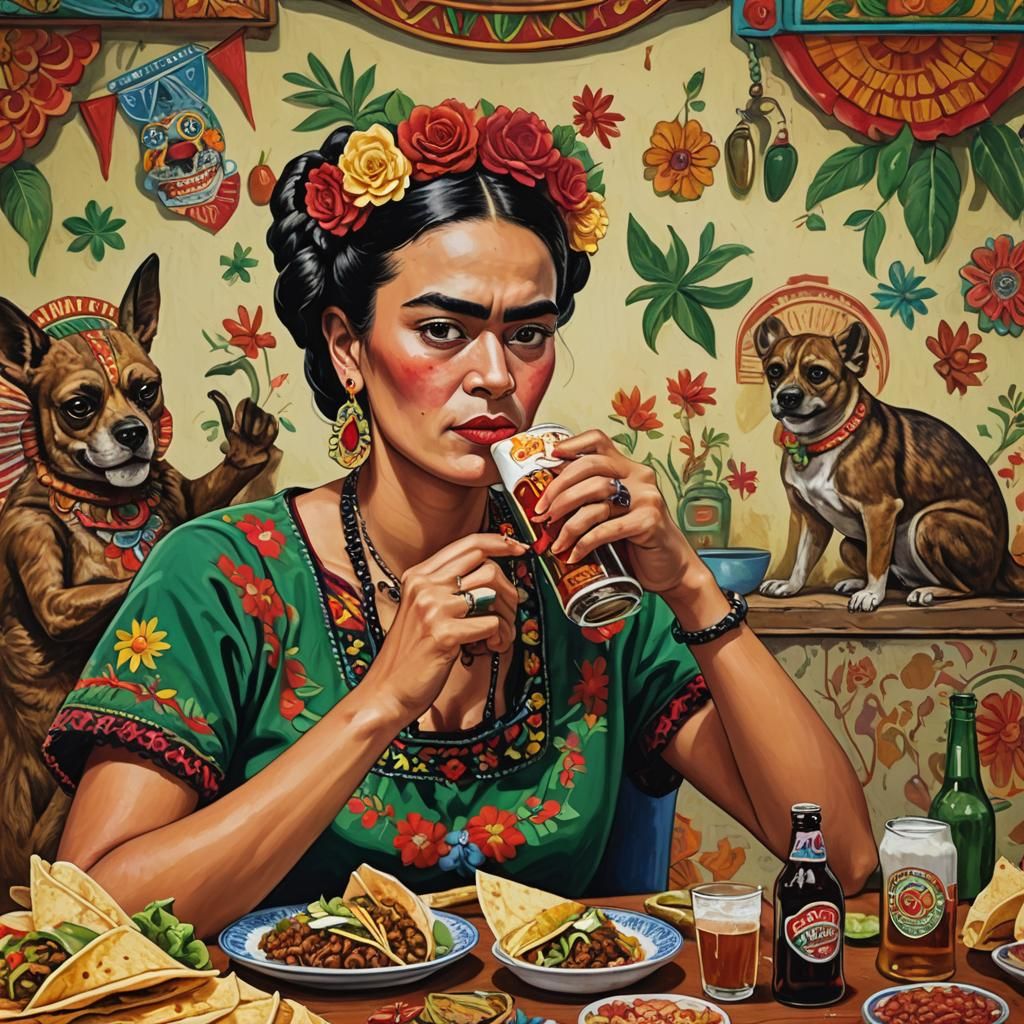 Frida Carlo Eating Tacos with Mexican Folk Art